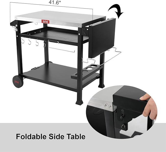 Outdoor Grill Cart, Pizza Oven Table Stand for Outdoor Indoor, 40" x 26" Stainless Steel Tabletop Dining BBQ Grill with Wheels for Food Prep, 3-Shelf Kitchen Cart Table