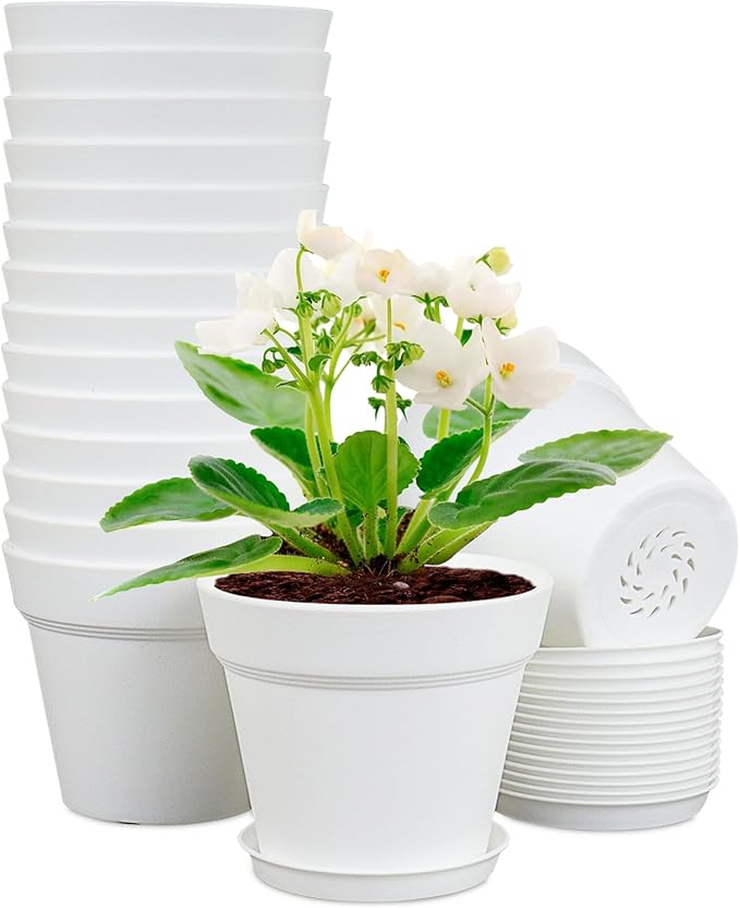 4 inch Small Plastic Nursery Pots, 16 Pack Plant Pots for Indoor Outdoor Plants, Flower Pots with Drainage Holes and Saucers, Decorative Seedling Starter Planters for House Plants, White