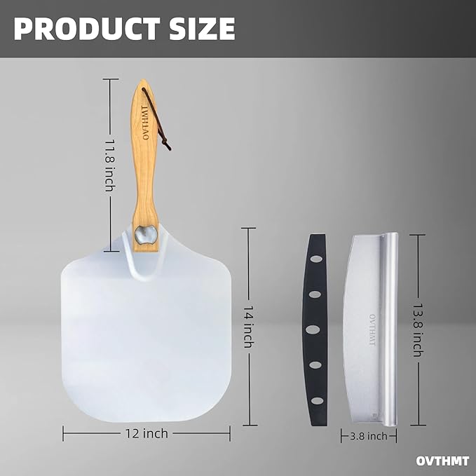 Metal Pizza Peel 2 PCS, Aluminum 12 x 14 inch Pizza Paddle with Foldable Wood Handle, Pizza Peel Set, Pizza Spatula With Rocker Cutter, Pizza Kit