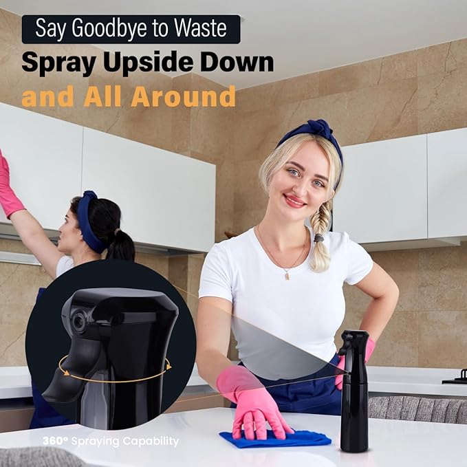 VIGOR PATH Continuous Spray Bottle with Ultra Fine Mist - Versatile Water Sprayer for Hair, Home Cleaning, Salons, Plants, Aromatherapy, and More - Empty Hair Spray Bottle - 300ml/10.1oz (Black)