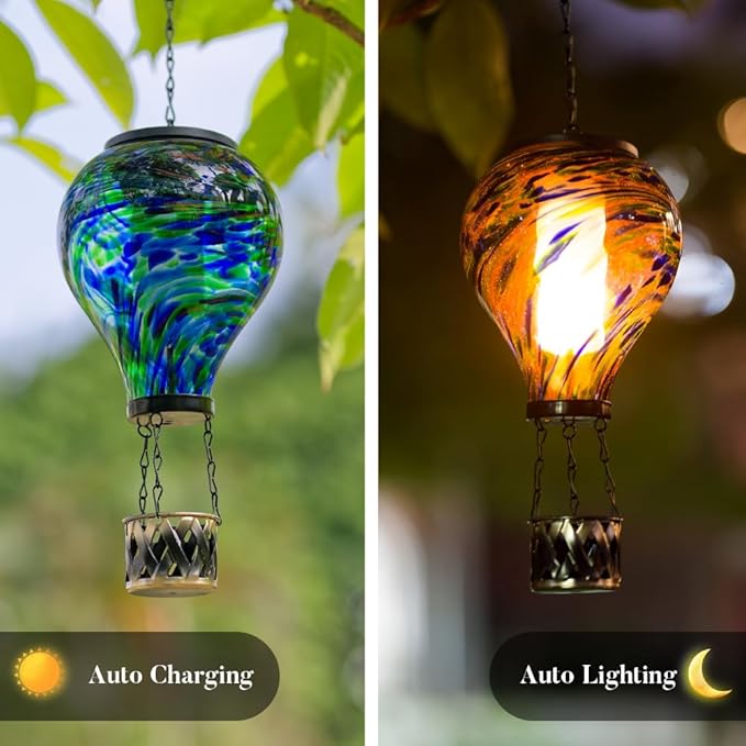 Starsoul Solar Hot Air Balloon Lantern with Flickering Flame Glass Hot Air Balloon Solar Light Waterproof Hanging Outdoor Lantern for Garden Yard Patio Decorations