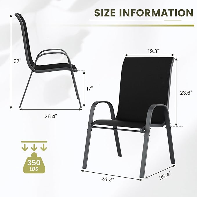 UDPATIO Patio Chairs Set of 2, Stackable Outdoor Dining Chairs with High Back, Breathable Textilene Fabric Outdoor Chair All Weather, 350LBS Capacity for Garden, Backyard (Black)