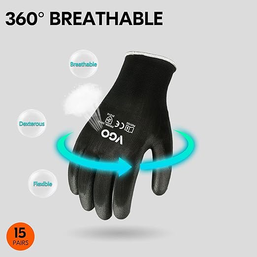 Vgo... 15-Pairs Safety Work Gloves, Gardening Gloves, Polyurethane Coated, Dipping Gloves, Latex Free (Size M, Black, PU2103)
