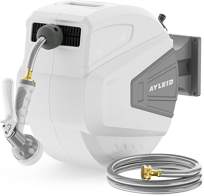 Ayleid Retractable Garden Hose Reel,1/2 in x 65 ft Wall Mounted Hose Reel, with 9- Function Sprayer Nozzle, Any Length Lock/Slow Return System/Wall Mounted/180°Swivel Bracket (Grey)