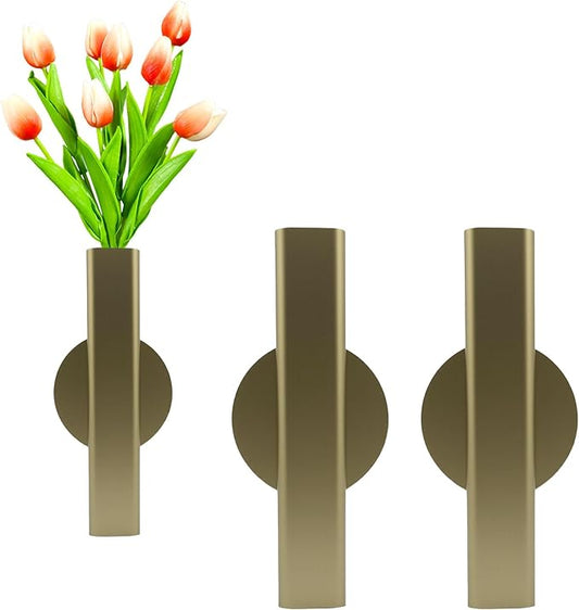 Self Adhesive Wall Vase Metal Tube Decoration Holder Used to Display Dried Flower, Faux Flowers, Fake Flowers, Also Suitable for Cemetery Memorial Decoration (2 PCS Gold)