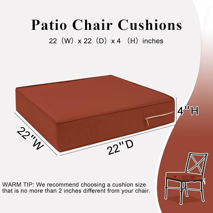 Outdoor Chair Cushions Set of 2 for Patio Furniture 22x22x4 Inch Waterproof Patio Chair Cushion 3 Year Color Fastness Square Elastic Foam Garden Sofa Couch Pads with Ties and Handle,Spice