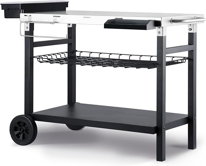 Outdoor Grill Cart, 500lb Dining Cart Table with Three-Shelf, Stainless Steel Rolling Movable Food Prep and Work Table
