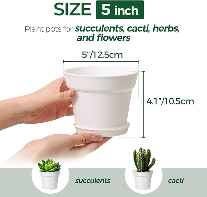 T4U 5 Inch Plant Pot 8-Pack, Plastic Pots with Drainage Hole and Saucer, Decorative Flower Pots Bulk for African Violet, Snake Plant, Succulent and All House Plants Indoor (8pcs 5" Pots, White)