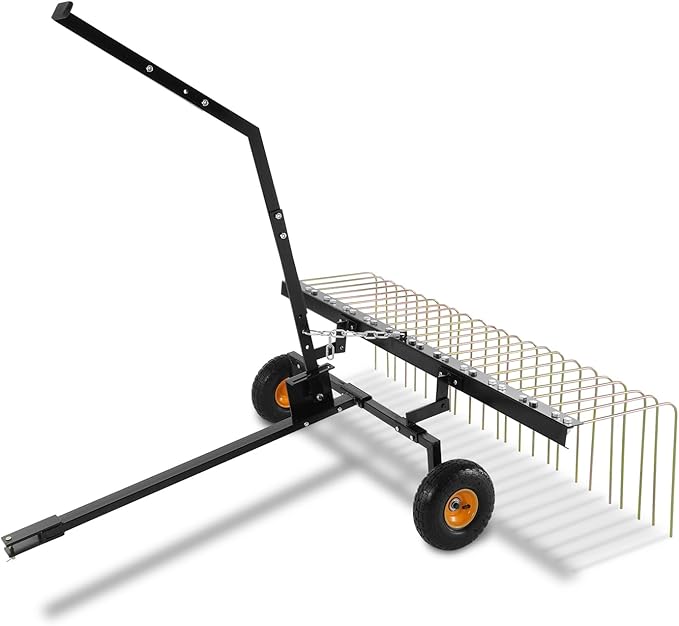 VEVOR Tow Behind Dethatcher, 60-inch Tow Dethatcher with 24 Steel Tines, Lawn Dethatcher Rake for ATV or Mower, Tow Behind Lawn Rake with Lift Handle for Leaves, Pine Needles, and Grass