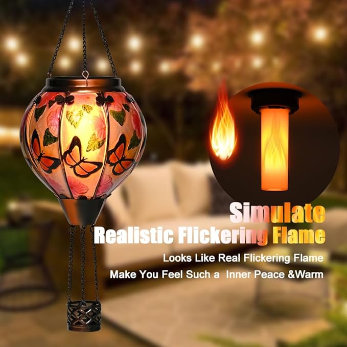 Hot Air Balloon Solar Lantern - Butterfly Stained Glass Lantern with Simulated Flickering Flame, Outdoor Hanging Yard Light Waterproof IP65 & Weather Resistant for Garden Patio Lawn Porch Decor Gfit