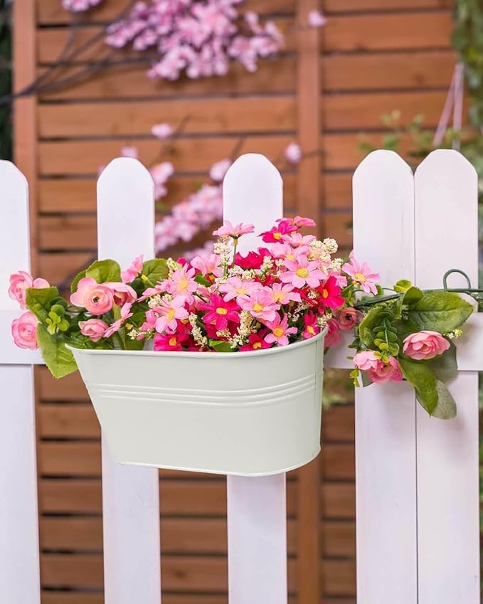 vensovo Metal Railing Planter for Outdoor Plants - 3 Pack Balcony Hanging Flower Pots with Detachable Hooks and Drain Holes Oval Bucket Rail Box Fence Planters for Home Garden Decor, White
