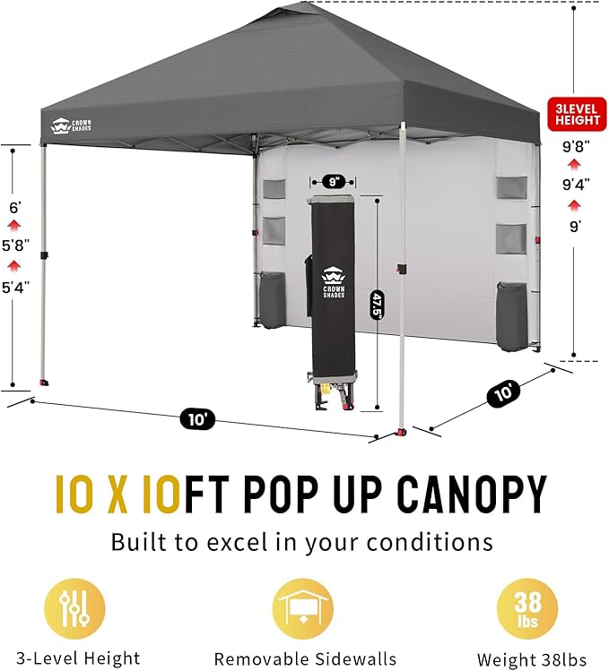 CROWN SHADES Canopy Tent 10x10 Pop Up Canopy Outdoor Shade with Pockets Sidewall, Easy Up Sun Shelter with One Person Set Up Center Lock, Portable Instant Camping Beach Canopies Tents, Grid Grey