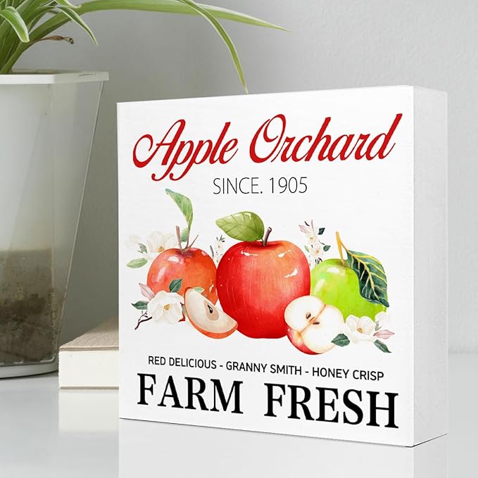 Fall Table Decor,Apple Orchard Autumn Harvest Seasonal Thanksgiving Wood Block Sign Desk Decor,Rustic Fall Wooden Box Sign Decor for Farmhouse Home Kitchen Shelf Table Decoration Q693