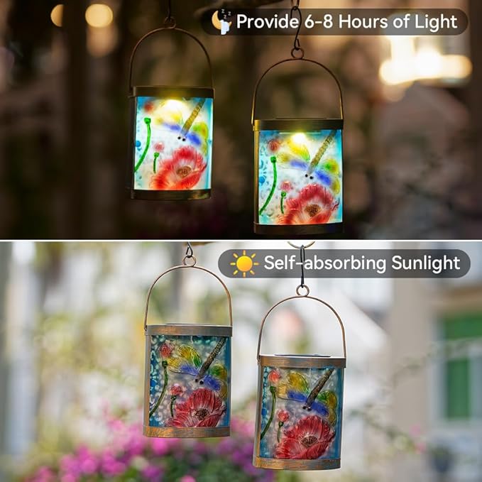 Starsoul 2 Pack Hanging Solar Lantern Outdoor Waterproof Glass Dragonfly and Lotus Decorative Solar Lights for Outside Garden Yard Table Patio Decor
