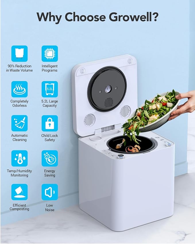 Electric Composter for Kitchen Indoor, 5.2L Large Countertop Compost Bin with 3-in-1 Drying/Grinding/Composting, Odorless Food Waste Compost Machine with Auto-Clean & Smart Sensor LED Display, EC03