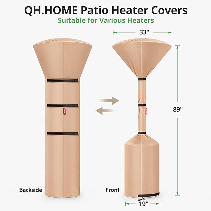 QH.HOME Winter Patio Heater Covers, [2025 Upgraded Tear-Resistant Fabric] Waterproof with Robust Zipper ,Height fit 87"-92",Dustproof/Wind/Sunlight/Snow-Resistant, Camel
