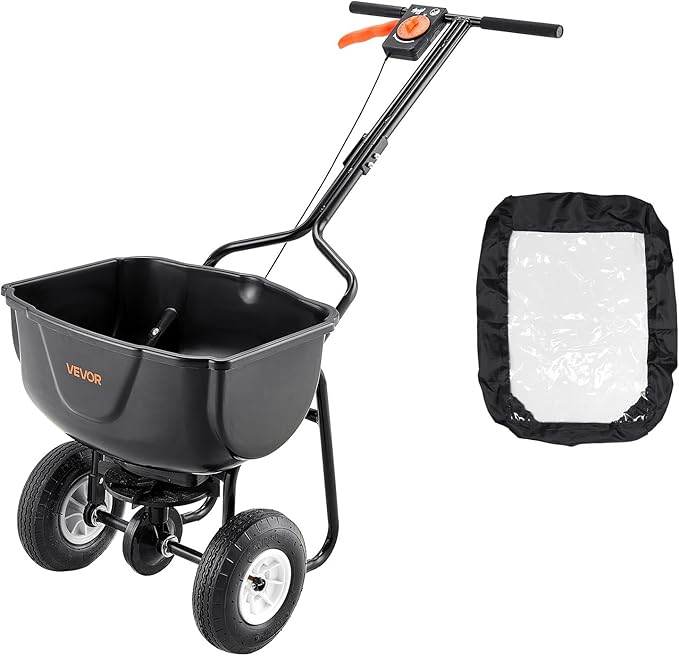 VEVOR Broadcast Spreader, 60LBS Capacity, Walk-Behind Push Spreader, 0-9.8 ft Spreading Width, 10 in All Terrain Pneumatic Tires, Lawn Spreaders with Hopper Grate, for Seed, Fertilizer, Salt, Ice Melt
