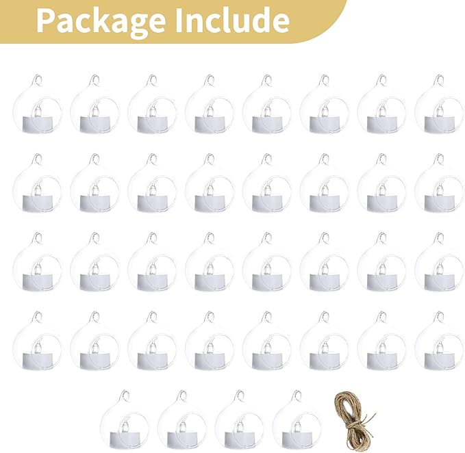 NUPTIO Mini Hanging Glass Tealight Globe Candle Holder with LED Candle, 2.36 Inches Diameter, Wedding Party Tree Decoration (36 Pcs)