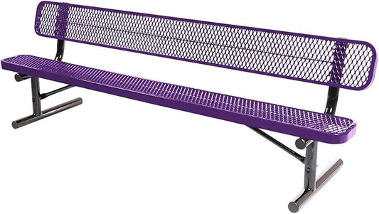 Heavy-Duty Portable Outdoor Bench Thermoplastic Coated, Expanded Metal, Commercial-Grade Seating, Made in America (Portable with Back, 8 Ft, Textured Purple)