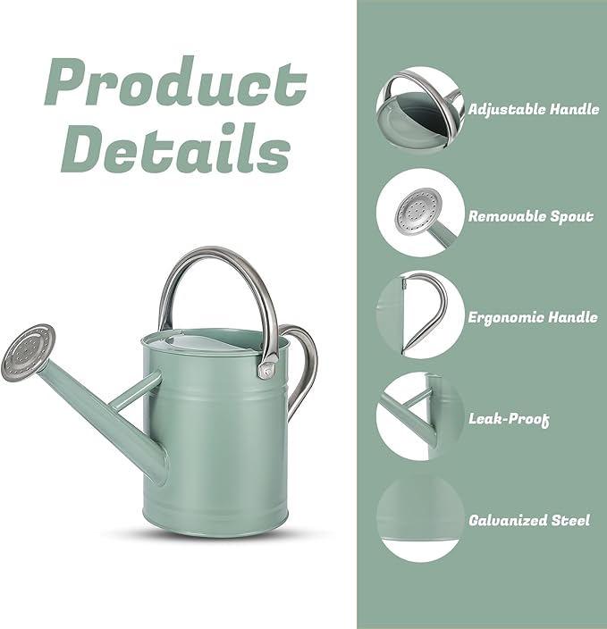 1 Gallon Watering Can for Plants, Watering Cans for Indoor&Outdoor Gardening, Galvanized Steel Watering Pot with Removable Spout, Metal Water Can with Ergonomic Movable Handle(Cream Green)