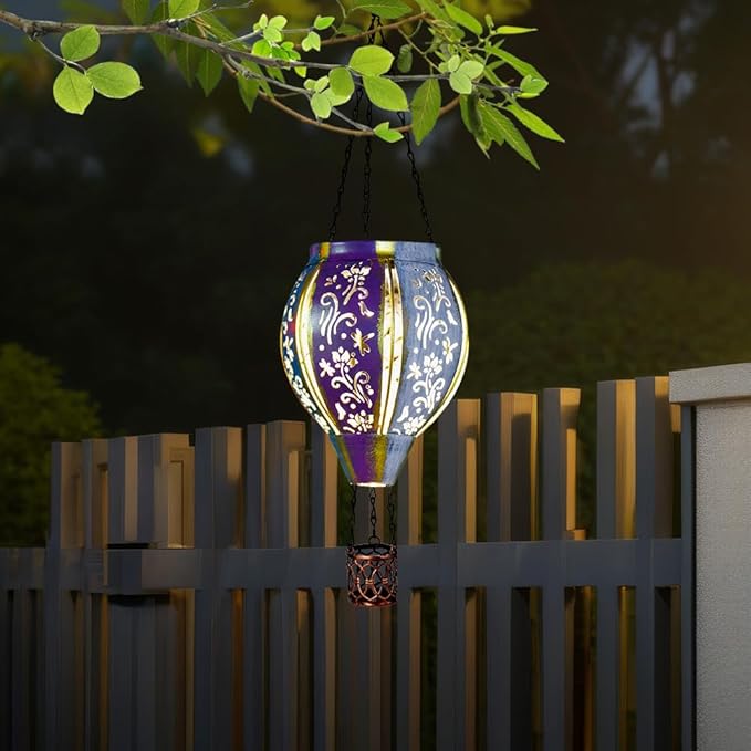 Starsoul Hot Air Balloon Solar Lantern with Flower Projection Metal Outdoor Waterproof Hot Air Balloon Solar Lights Hanging Lantern for Garden Yard Patio Decor