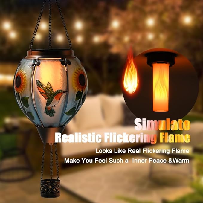 Hot Air Balloon Solar Lantern - Simulated Flickering Flame Hummingbird Glass Lantern, Outdoor Hanging Sunflower Yard Light Waterproof IP65 & Weather Resistant for Garden Patio Lawn Porch Decor Gfit