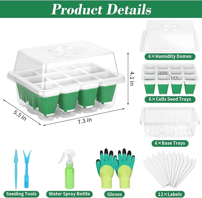 Mckanti 6 Pack Silicone Seed Starter Tray, Reusable Seed Starter Kit with Humidity Adjustable Dome, Lid and Tools for Indoor Seed Germination