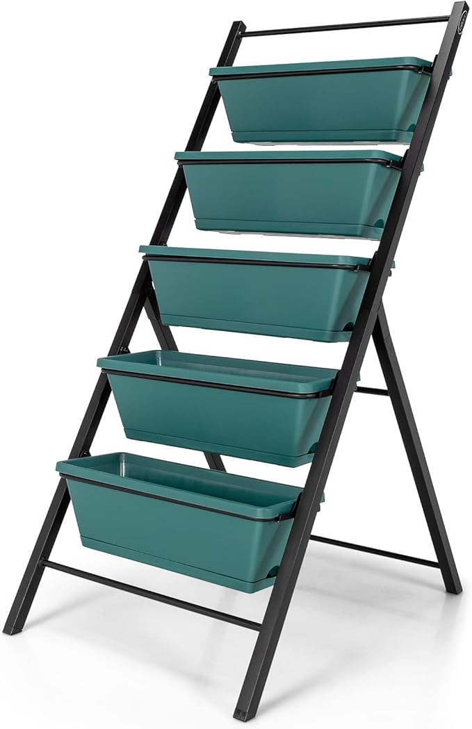 Giantex Set of 2 Vertical Planter Raised Bed, Elevated Garden Beds with Water Drainage Hole, Freestanding 5 Container Boxes for Herb Vegetables Flowers Growing, Outdoor Indoor Patio Balcony