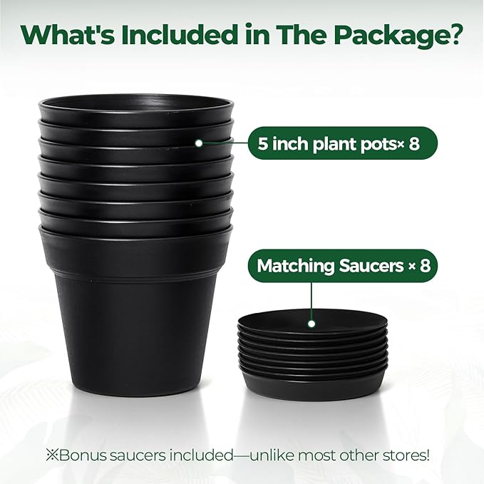 T4U 5 Inch Plant Pot 8-Pack, Plastic Pots with Drainage Hole and Saucer, Decorative Flower Pots Bulk for African Violet, Snake Plant, Succulent and All House Plants Indoor (8pcs 5" Pots, Black)