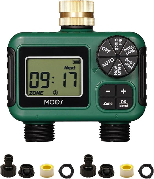 MOES 2 Outlet Sprinkler Timer, Brass Inlet, Programmable Automatic Irrigation Controller, Rain Delay, Manual Watering, 2 Zone Water Hose Timer for Gardens, Lawns, and Hose Systems