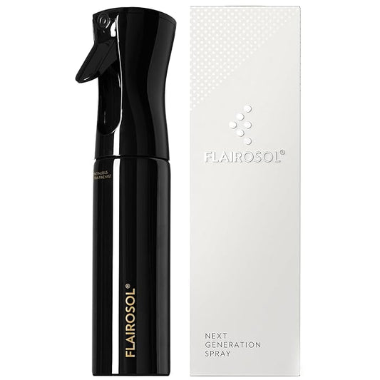 FLAIROSOL Spray Bottle for Hair, Continuous Spray Bottle with 0.3MM Ultra Fine Mist, Water Mister for Hairstyling, Cleaning, Plants, Pets, 10.1oz/300ml, Black Bottle, Gold Print