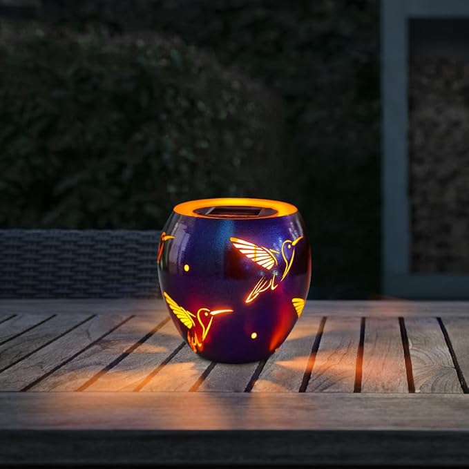 VEWOGARDEN Solar Lanterns Outdoor Waterproof Hummingbird Hollowed-Out Metal Lantern Solar Lights with Flickering Flame for Patio Porch Table, Purple
