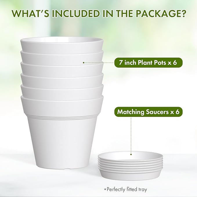 7 Inch Thick Plastic Plant Pots with Drainage Holes and Trays – 6 Pack Nursery Pots for Indoor & Outdoor House Plants, Seedling Starter Planters for Garden Flowers, White