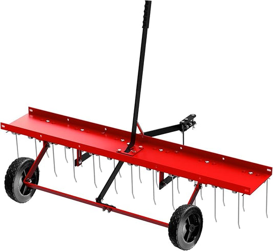 48inch Tow Behind Dethatcher with 24 Spring Steel Tines, Lawn Tractor Rakes with Lift Handle, Tow Behind Rake to Remove Thatch, Riding Lawn Mower Attachments for Outdoor Yard Tools Lawn Care