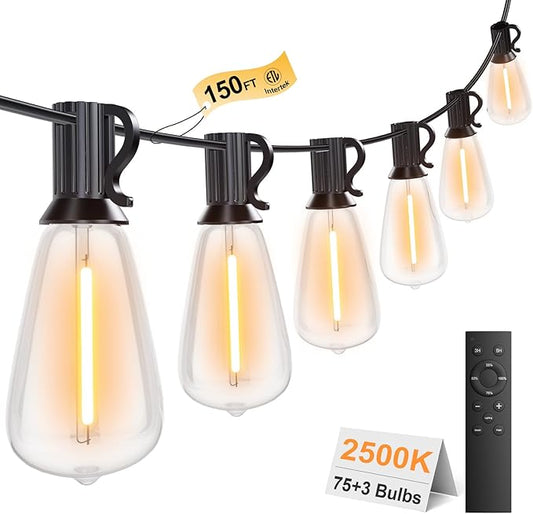 150FT Outdoor String Lights with Remote, Garden Patio Decor with 2500K Warm White, 75+3 LED Edison Bulbs, Support Timer Dimmable Waterproof Shatterproof for Yard Outside Porch Deck Backyard