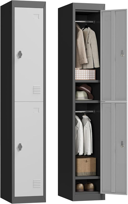 2 Doors Tall Single Metal Locker, Metal Lockers for Employees with Keys, 72” Black Employee Storage Cabinet with Doors, Steel Storage Cabinets Lockable for School, Gym, Home, Office, Mudroom, Black