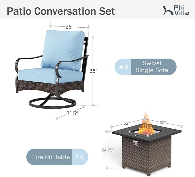 Patio Furniture Set with 32" Fire Pit Table, Patio Conversation Sets 4 Swivel Chairs with Thick Cushion and 50000 BTU Fire Pit Table (5 Pieces,Blue