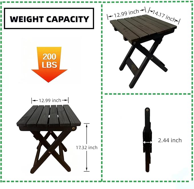 Outdoor Side Table, No Assembly Folding Wooden End Table for Outside or Indoor, Small Patio Tables for Camping, Pool, Bathroom, Backyard and Porch (Black)