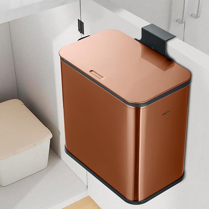 RED FACTOR Stainless Steel Hanging Trash Can with Lid and Inner Bucket – Slim 1.3 Gallon Odor-Free Compost Bin for Kitchen Cabinet, Countertop, Under Sink, or Bathroom (Copper)