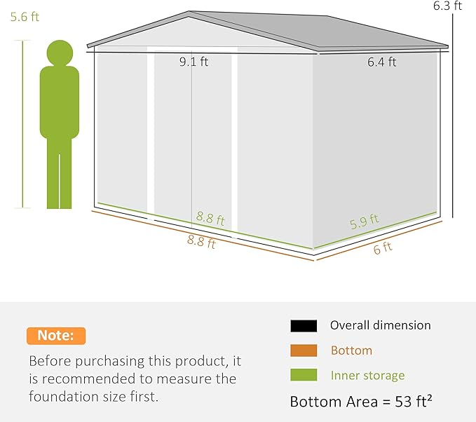 Outsunny 9' x 6' Outdoor Storage Shed, Garden Tool Metal Shed with Foundation Kit, Double Lockable Door, Air Vents and Sloping Roof, for Backyard, Patio, Lawn, Light Brown