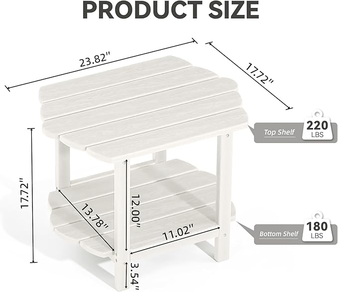 Small Outdoor Side Tables Modern 2-Tier Adirondack Table Rustic End Table HDPE Storage Shelf Industrial Corner Rectangle Coffee Table for Patio Garden Balcony Backyard Pool Farmhouse Home White