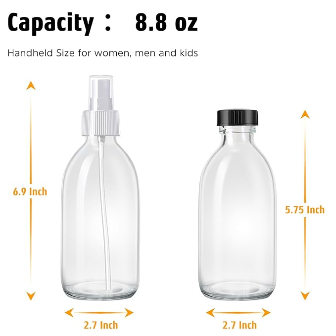 Tecohouse 2 Pack Glass Spray Bottles, 250ml Small Glass Bottles for Cleaning Solutions, Spray Bottles for Essential Oils, Plants, with Durable Nozzle, Labels, Funnel - Clear