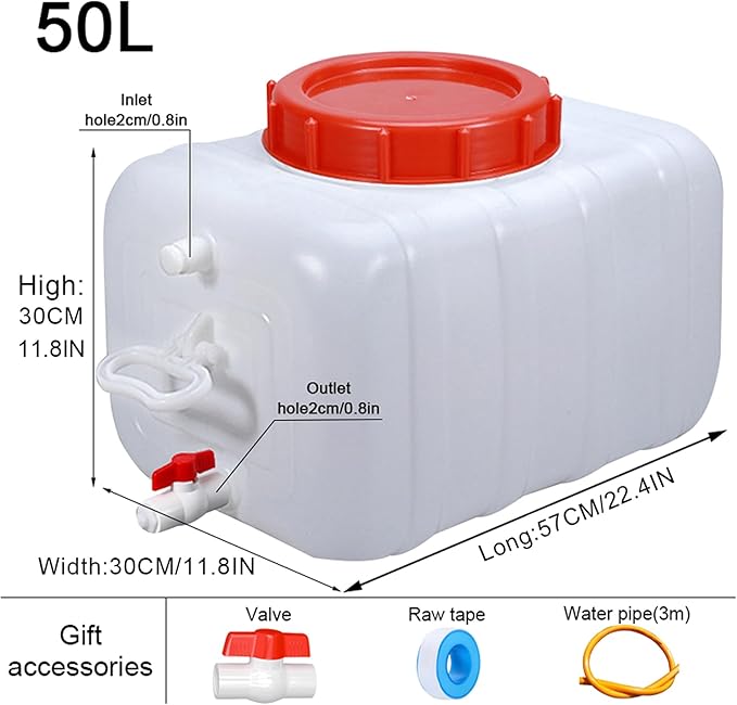 Heavy Duty Water Container Plastic Water Storage Carrier with Tap 50l 80l 110l 200l Water Tank Water Bottle Dispenser for Camping Caravan Hiking Outdoor(Size:50L)