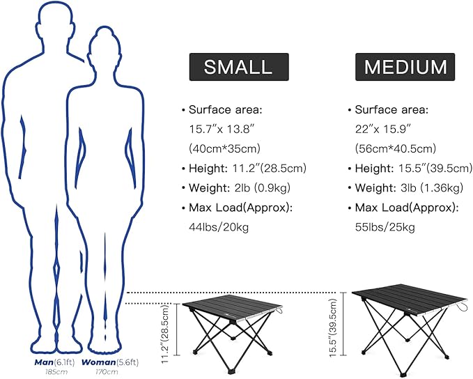 MOON LENCE Folding Outdoor Aluminum Camping Table Portable Ultralight Compact Backpacking Travel Table for Beach, Picnics, Hiking (Black, Large)