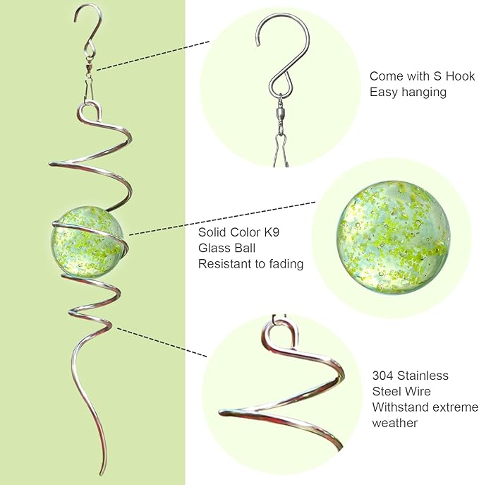 Glow in The Dark Gazing Ball Spiral, Wind Spinner Tail, Wind Spinners Stabilizer, Hanging Outdoor Decor for Garden Yard Art Decor Christmas Ornament Sun Catcher Rainbow Maker 13in Height