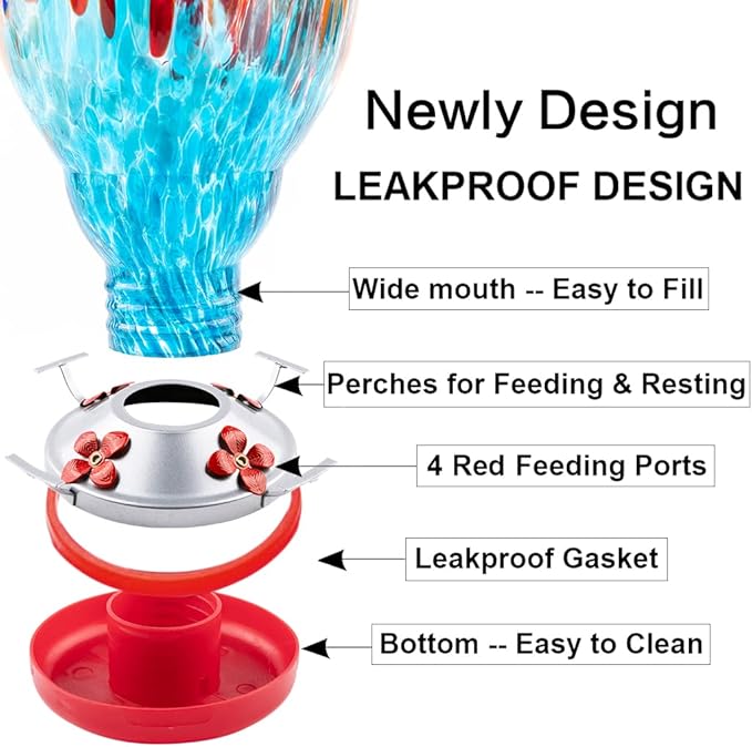 WOSIBO Hummingbird Feeder for Outdoors Patio Large 32 Ounces Colorful Hand Blown Glass Hummingbird Feeder with Ant Moat Hanging Hook, Rope, Brush and Service Card (Red-Blue)