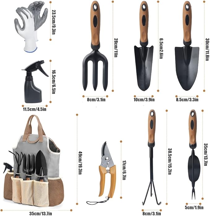 Garden Tool Set,9 Pcs Stainless Steel Gardening Tools with Weeder Cultivator Trowel Sprayer Gloves Storage Organizer,Ergonomic Soft Rubber Handle Garden Tools for Men Women Gift (premium garden tools)
