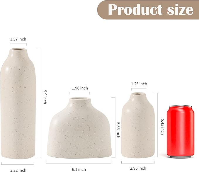 Ceramic Vase Set of 3, White Flower Vase Home Decor,Modern Farmhouse Decor,Pampas Grass Dried Fresh Flowers Living Room,Bookshelf Decoration, Centerpiece Table Decor,Boho Decor.(White)