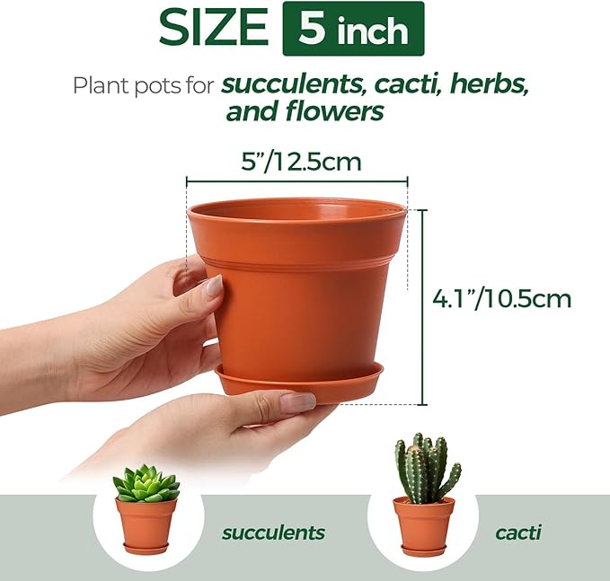 T4U 5 Inch Plant Pot 8-Pack, Plastic Pots with Drainage Hole and Saucer, Decorative Flower Pots Bulk for African Violet, Snake Plant, Succulent and All House Plants Indoor (8pcs 5" Pots)