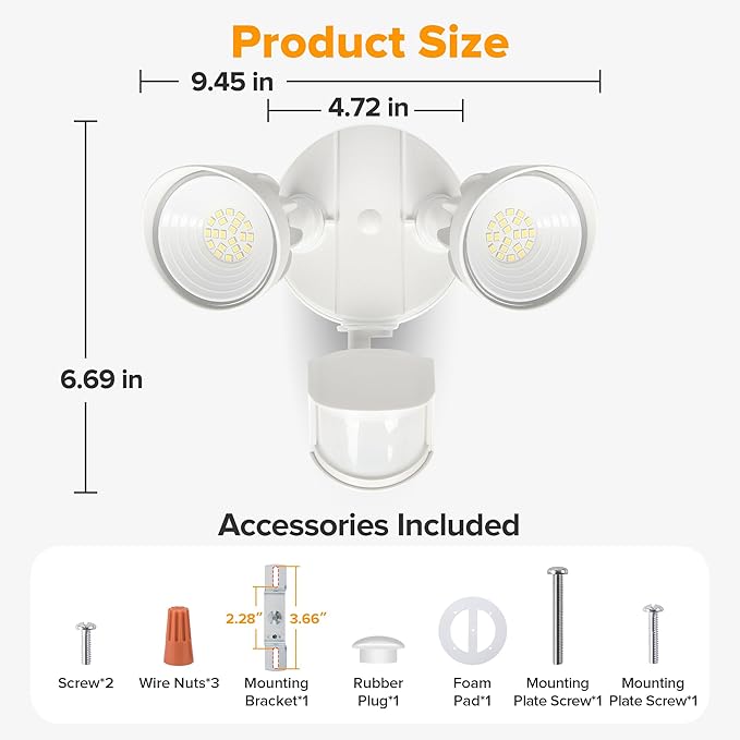 UME LED Security Light Motion Sensor Outdoor Lights, 27W 3000LM, 5000K, IP65 Waterproof, Dusk to Dawn, 2 Head Motion Detector Flood Light for Outside, Garage, Yard (White)